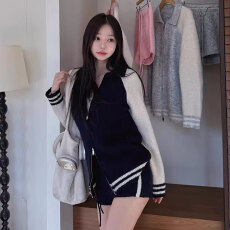 批发韩国chic复古拉链长袖棒球服毛衣外套女秋装新款百搭短裤针织套装