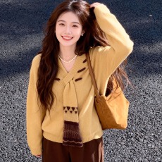 2026开春新款设计感围巾V领长袖毛衣女秋季氛围感巨显瘦正肩上衣