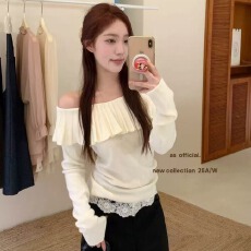 批发韩系简约百搭一字肩<b class='q'>荷叶边</b>长袖针织衫女秋冬新款修身显瘦打底上衣