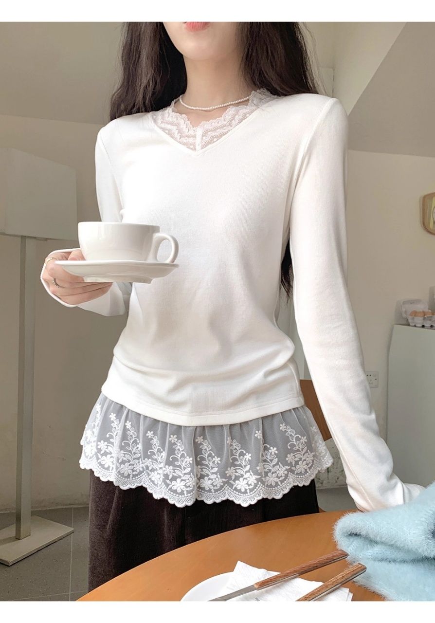 가을 새로운 한 부서 레이스 레이스 라운드 넥 패치워크 긴팔 티셔츠 여성 패션 Chic 다용도 맨위