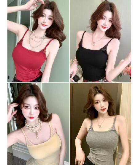 여름 새로운 핫걸 바람 스팽글 패치워크 캐미솔 몸매 가꾸기 슬림해 보이는 여성 고정 벨트 가슴 패드 의류