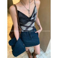 批发夏季新款网纱格子撞色吊带背心修身显瘦女一体式带胸垫<b class='q'>上衣</b>