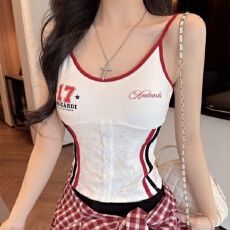 批发夏季新款帅气撞色印花拼接吊带背心修身<b class='q'>显瘦</b>一体式带胸垫女