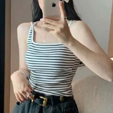 夏季条纹交叉镂空美背吊带背心女打底带胸垫外穿上衣简约纯色内搭