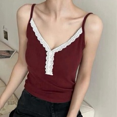 批发蕾丝花边纯欲风固定杯三粒扣螺纹棉女<b class='q'>修身</b>一体式吊带背心