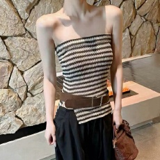 批发辣妹复古时髦条纹设计感配腰带开衩抹胸背心性感纯欲打底裹胸上衣