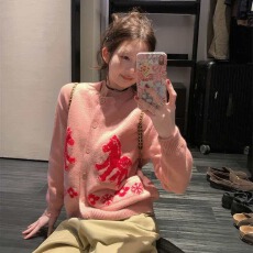 批发小飞马黑色重工提花针织开衫女春秋2026新款美式复古长袖毛衣<b class='q'>外套</b>