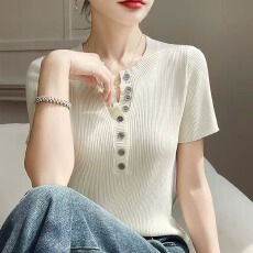 批发时尚半开领针织<b class='q'>短袖</b><b class='q'>t</b><b class='q'>恤</b>夏季薄款冰丝针织衫半袖修身正肩上衣外穿