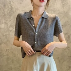批发冰丝针织衫女款短袖<b class='q'>开衫</b>夏季新款polo领小衫薄款翻领<b class='q'>短款</b>t恤上衣