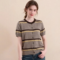 批发<b class='q'>圆领</b>条纹短袖<b class='q'>针织</b><b class='q'>开衫</b>T恤外穿2026春夏新款宽松高级感上衣女