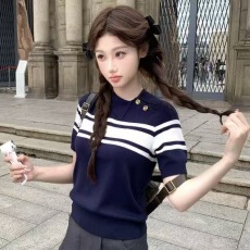 法式复古条纹针织polo衫T恤女夏季设计感短袖学院风纽扣上衣ins潮