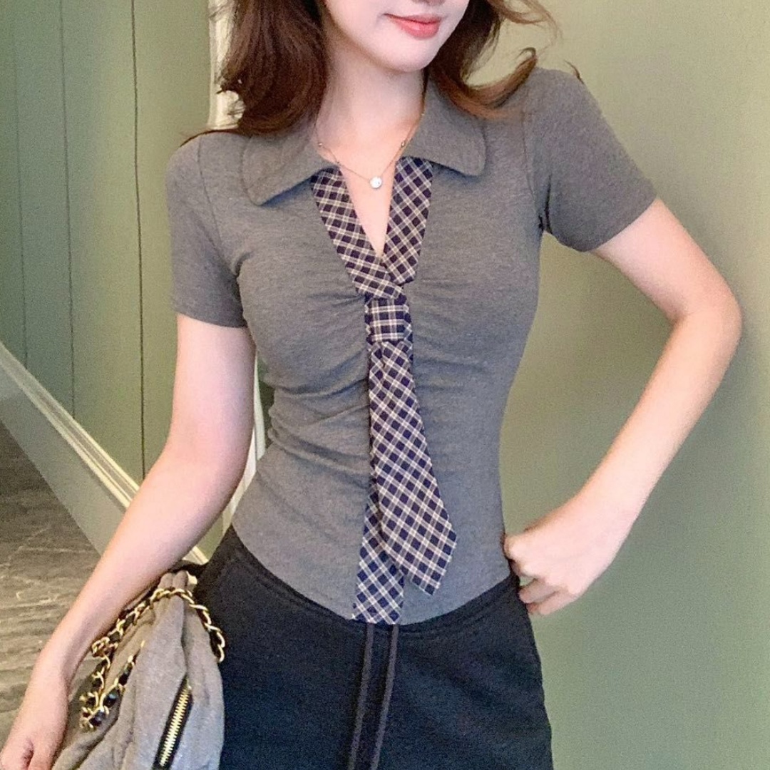 한 부서 체크무늬 넥타이 반팔 몸매 가꾸기 셔츠 티셔츠 여성 봄 여름 인사이드 가져 가라. 수 있습니다. 외출용 벨트 가슴 패드 핫걸 바람 맨위