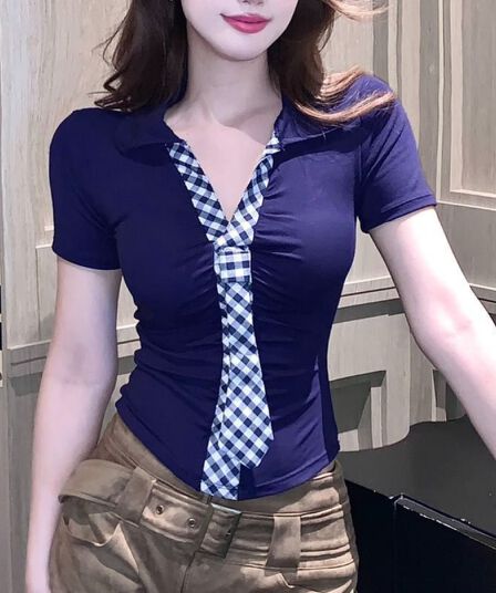한 부서 체크무늬 넥타이 반팔 몸매 가꾸기 셔츠 티셔츠 여성 봄 여름 인사이드 가져 가라. 수 있습니다. 외출용 벨트 가슴 패드 핫걸 바람 맨위