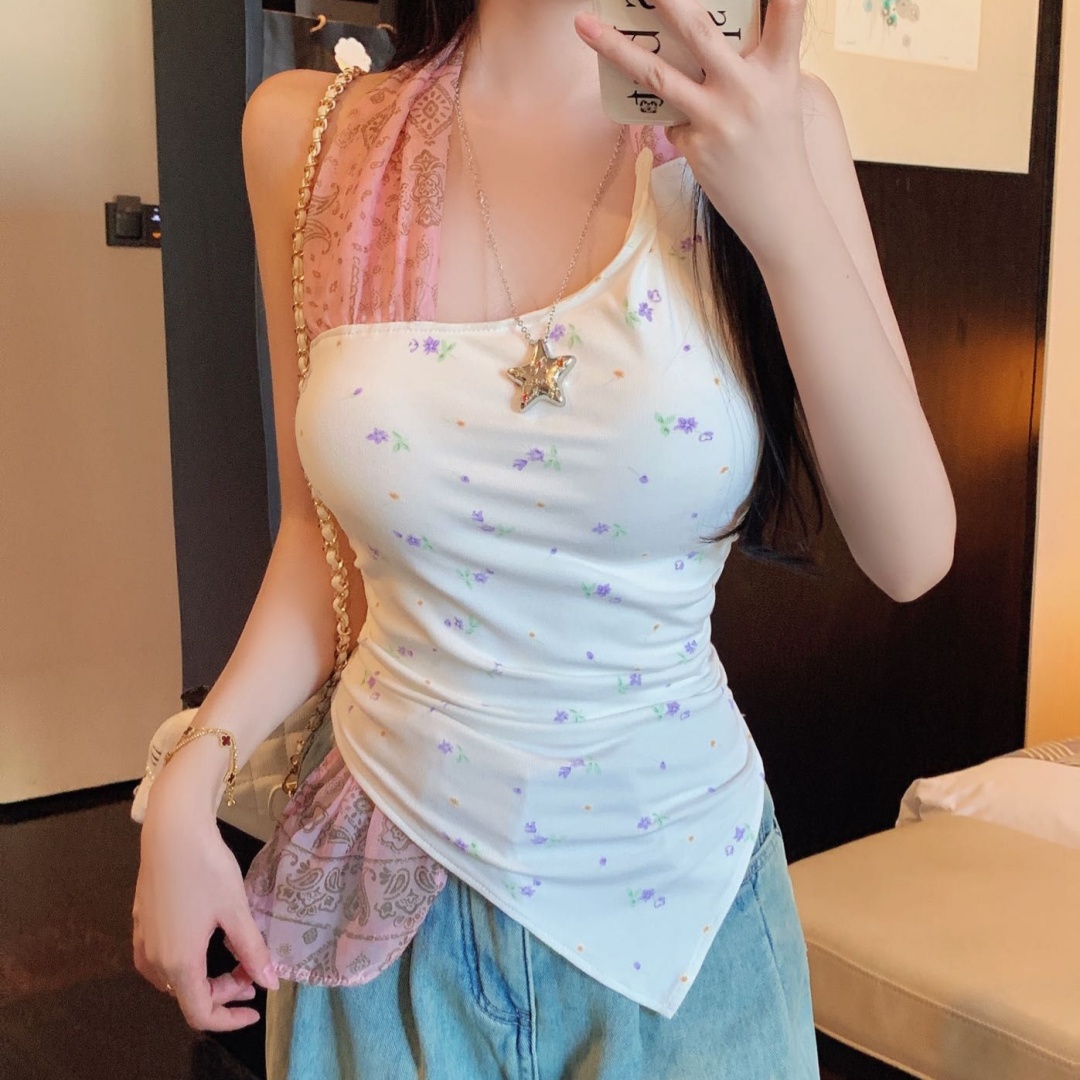 여름 새로운 핫걸 섹시함 몸매 가꾸기 유럽과 미국 스타일 배색 패치워크 꽃무늬 행침 목 캐미솔 맨위