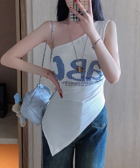 레트로 핫걸 바람 비스듬한 어깨 반팔 티셔츠 여성 셔츠 알파벳 프린트 오프숄더 불규칙 맨위