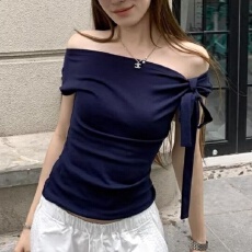 夏季新款甜辣风斜肩系带设计短袖T恤修身显瘦女一体式带胸垫