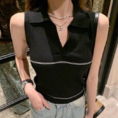 韩系撞色polo领针织背心女秋季修身显瘦时尚外穿无袖上衣