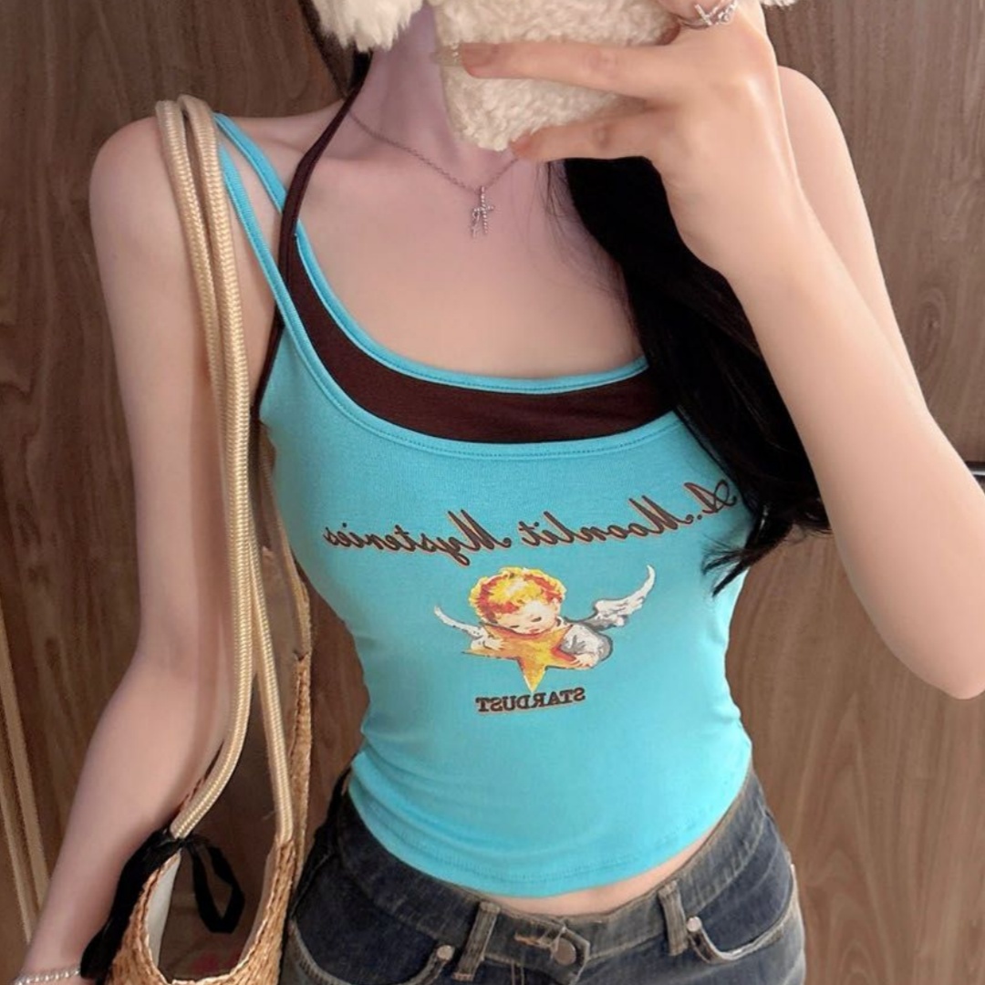 페이크 레이어드 디자인 센스 양어깨 캐미솔 원피스 몸매 가꾸기 슬림해 보이는 작은 대중 다용도 도파민 아름다움 뒤쪽에 의류