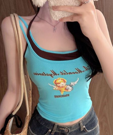 페이크 레이어드 디자인 센스 양어깨 캐미솔 원피스 몸매 가꾸기 슬림해 보이는 작은 대중 다용도 도파민 아름다움 뒤쪽에 의류