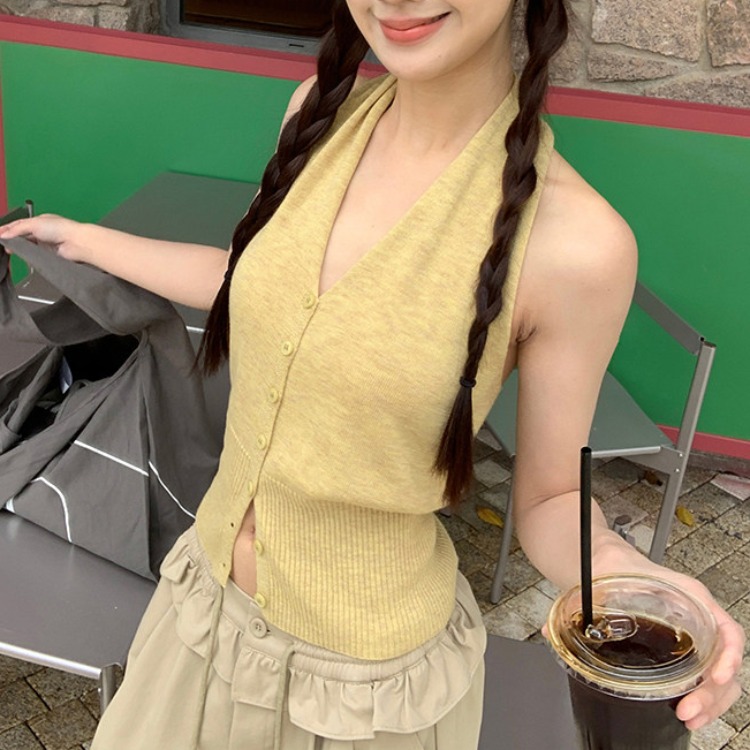 한 부서 품격 조끼 V넥 행침 목 스타일 캐미솔 여름 외출용 쇼트 스타일 몸매 가꾸기 허리 수축 민소매 맨위
