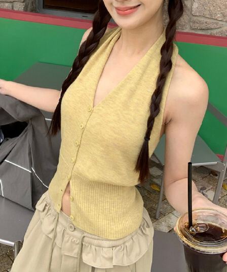 한 부서 품격 조끼 V넥 행침 목 스타일 캐미솔 여름 외출용 쇼트 스타일 몸매 가꾸기 허리 수축 민소매 맨위