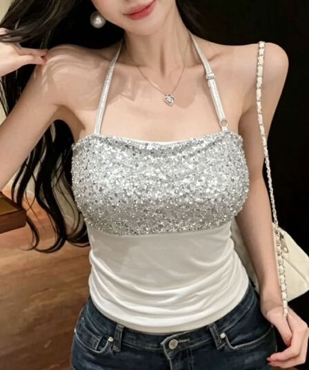 달콤한 핫걸 순수한 욕망 섹시함 슬립 디자인 센스 스팽글 패치워크 조끼 여성 여름 외출용 행침 목 맨위 품격 허리 수축
