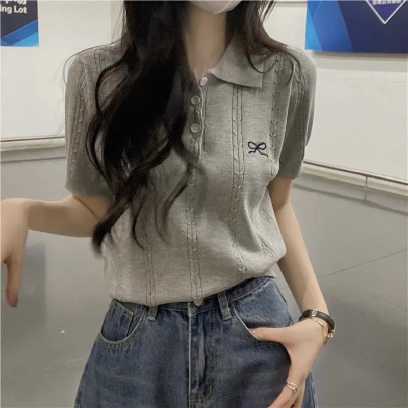 작은 대중 디자인 센스 POLO 칼라 나비 매듭 자수 반팔 니트 스웨터 여름 달콤함 연령 감소 다용도 맨위 여성
