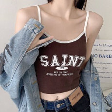 批发夏季美式复古BM街头风撞色吊带美背<b class='q'>背心</b>裹胸<b class='q'>露</b><b class='q'>脐</b>字母印花短款上衣