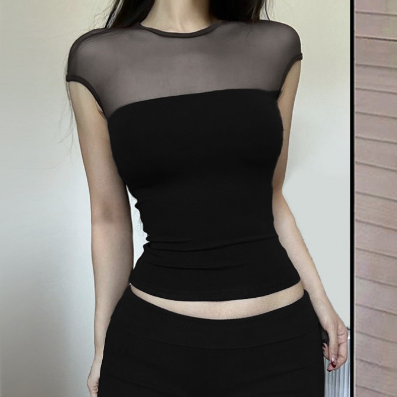 망사 패치워크 시스루 반팔 티셔츠 여성 여름 핫걸 섹시함 몸매 가꾸기 타이트 벨트 가슴 패드 의류