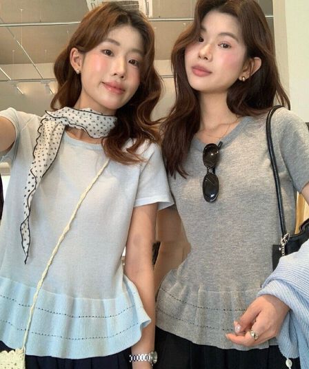 the limon 레몬 녹차 2026 한 부서 주름 레이스 디자인 센스 외국 가스 반팔 티셔츠 니트 맨위 여성