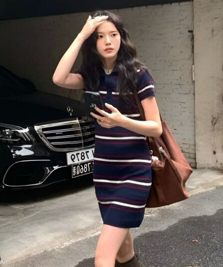 학원 스타일 배색 스트라이프 니트 스웨터 여성 드레스 여름 슬림해 보이는 품격 니트 미니 스커트