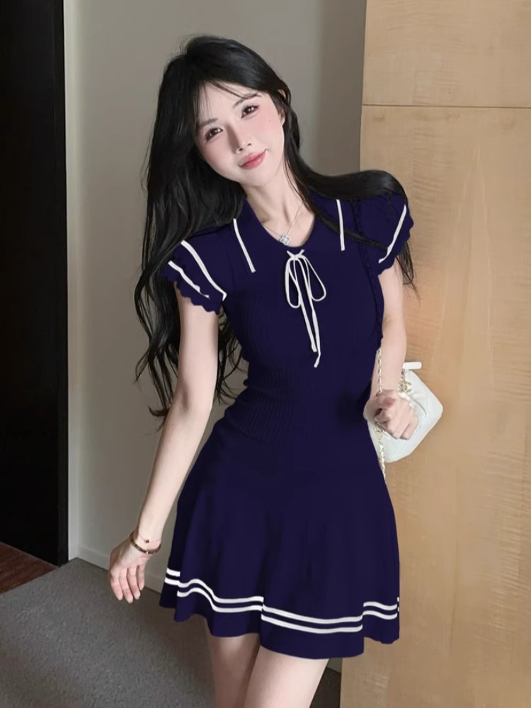 한 부서 배색 POLO 칼라 반팔 니트 여성 드레스 여름 몸매 가꾸기 허리 수축 치마 학원 스타일 한 마디 미니 스커트