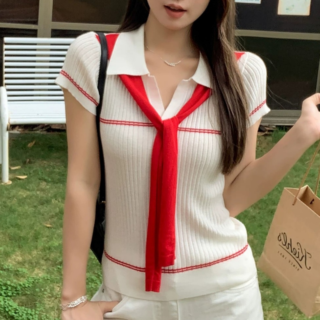 우 77 황색 학원 스타일 배색 숄 POLO 칼라 니트 맨위 여성 한 부서 몸매 가꾸기 다용도 반팔 티셔츠 여름
