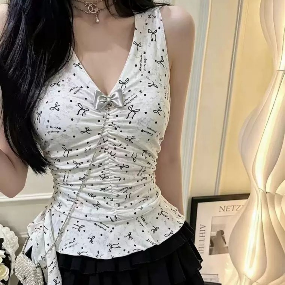 프랑스식 주름 프린트 나비 매듭 V넥 조끼 여름 달콤한 매운맛 작은 대중 디자인 센스 슬림해 보이는 다용도 리본 맨위