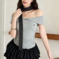 批发韩系甜美波点蝴蝶结系带一字肩短袖<b class='q'>T</b><b class='q'>恤</b>女夏季带胸垫设计感上衣