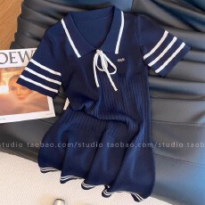 批发韩系撞色polo领短袖针织<b class='q'>连衣裙</b>女夏季修身收腰裙子学院风a字短裙