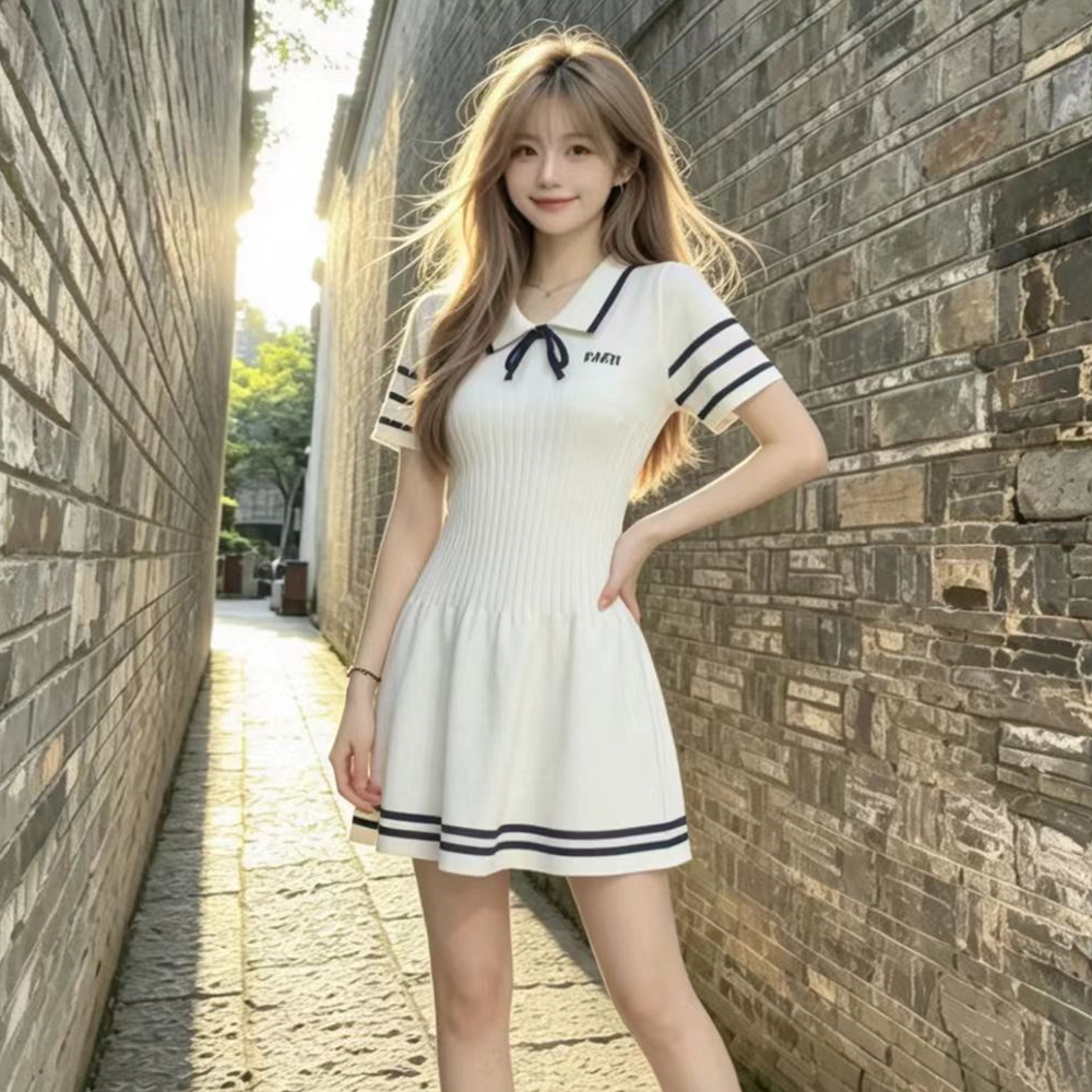 작은 샤넬 스타일 학원 스타일 POLO 칼라 니트 여성 드레스 여름 품격 미니 스커트 작은 대중 패치워크 색상 슬림해 보이는 연령 감소 치마