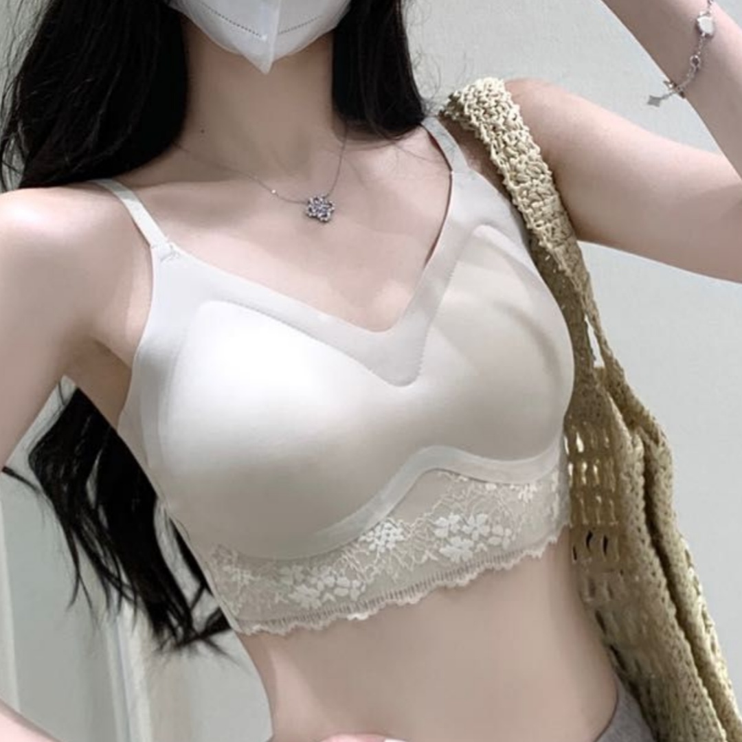 프랑스식 순수한 욕망 얼음 실크 우유 피부 속옷 V넥 레이스 측면 모으다 편안함 고정 컵 튜브탑 여성 없음 흔적 아름다움 뒤로