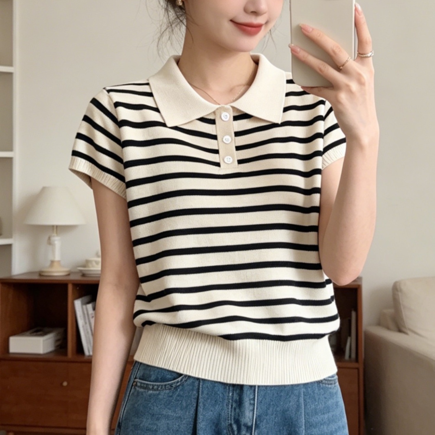 한 부서 POLO 칼라 스트라이프 반팔 티셔츠 여성 여름 루즈핏 쇼트 스타일 폴로 칼라 긍정적 인 어깨 얇은 니트 스웨터 맨위