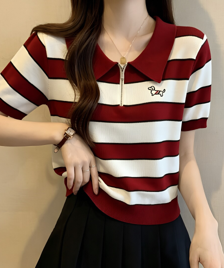 POLO 칼라 자수 짧은 강아지 소매 티셔츠 여성 니트 스웨터 여름 얇은 스타일 2026 년 새로운 스트라이프 루즈핏 슬림해 보이는