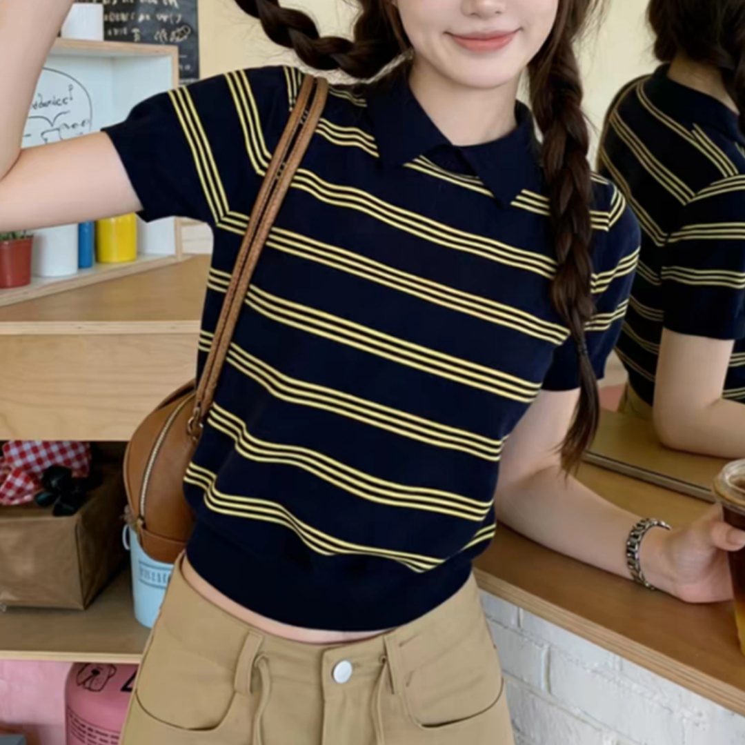 한국 스타일 학원 스타일 POLO 칼라 스트라이프 니트 반팔 여성 이른 가을 몸매 가꾸기 슬림해 보이는 다용도 디자인 센스 맨위