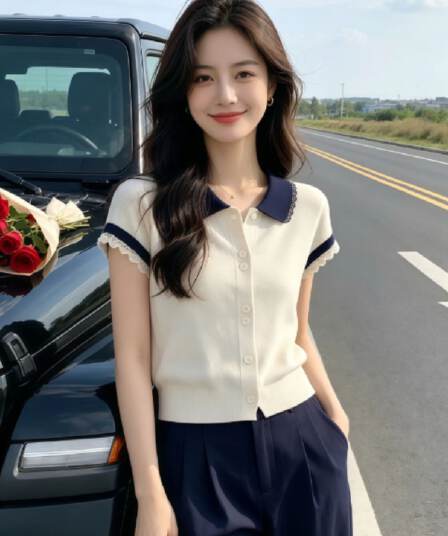 한 부서 미니멀리즘 학원 스타일 배색 패치워크 레이스 디자인 센스 작은 대중 반팔 니트 스웨터 맨위 여성