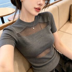 批发今年流行爆款纯欲圆领镂空<b class='q'>短袖</b><b class='q'>针织</b>衫女夏季新款修身显瘦洋气上衣