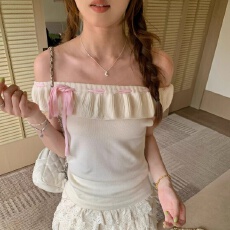 批发韩系甜美风蝴蝶结绑带一字肩针织衫女春夏新款减龄少女感显瘦上衣