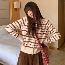 批发复古撞色条纹针织<b class='q'>开衫</b><b class='q'>女</b>春秋2026新款松弛感休闲显瘦上衣