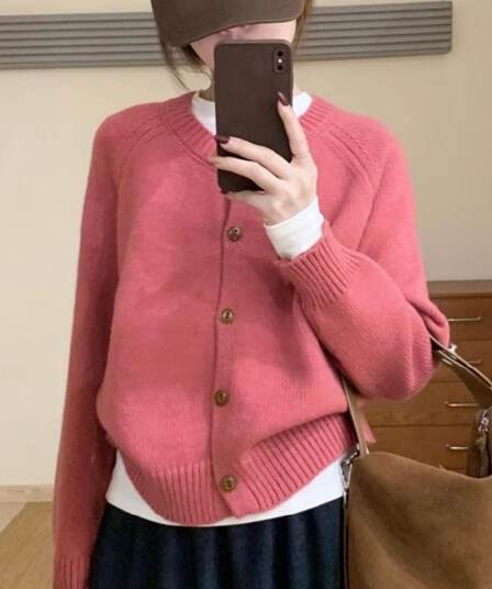 한 부서 가을 겨울 싱글 줄 버튼 단색 니트 스웨터 코트 오픈 가디건 느긋한 루즈핏 라운드 넥 가을 겨울 맨위