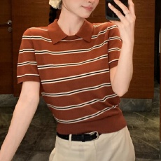 批发韩系气质polo衫<b class='q'>针织</b>条纹短袖t恤女2026夏季新款翻领短款百搭上衣