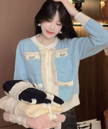 프랑스식 작은 샤넬 스타일 밝은 훈련 주머니 니트 오픈 가디건 여성 봄 가을 새로운 달콤함 연령 감소 패션 부드러운 찹쌀 스웨터 코트