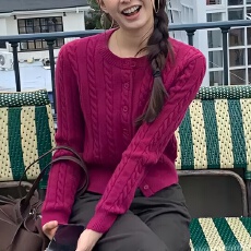 批发韩系风格麻花针织开衫女春秋新款短款修身显瘦毛衣外套长袖上衣