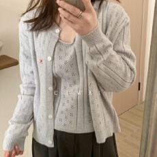 韩系刺绣花朵针织开衫两件套女2026秋季新款气质毛衣懒人套装潮
